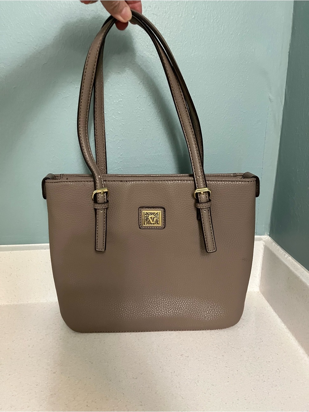 Anne Klein Taupe Pebbled Shoulder Bag with Gold Logo Accent